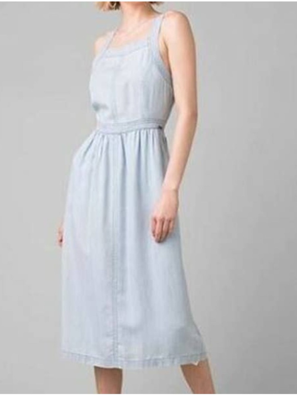 Prana Sun Drifter Light Blue Chambray Sleeveless Midi Dress Size M